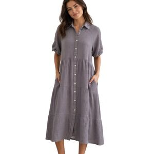 R.Vivimos Womens Purple Gray Gauze Tiered Shirt Dress SM 4/6 Button Front Midi